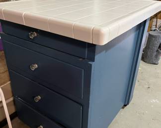 Blue Cabinet/Island with White Tile Top