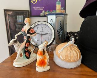 1920's Flapper Lady in Orange/White Dress Figurine, Art Deco Lady Figurine - Puff/Vanity Box,