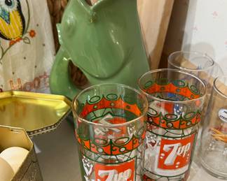 Green Gurgle Pot Fish Pitcher, Pair of  7UP Glass Tumblers with Bubble Girl Kicking