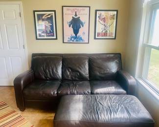 Brown leather couch, and ottoman in good condition. Pictures on the wall for sale as well. $125 for couch and ottoman. Wall pictures $10-$15