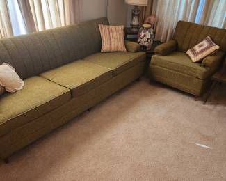 MCM olive green couch and chair.  Color so much better in person.