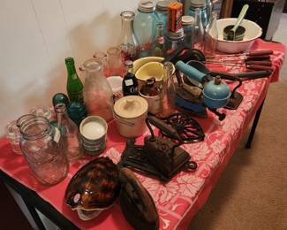 Milkbottles jars irons ect.