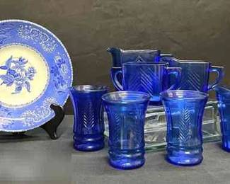009 Blue Depression Glass Cups Spode Collection Plate