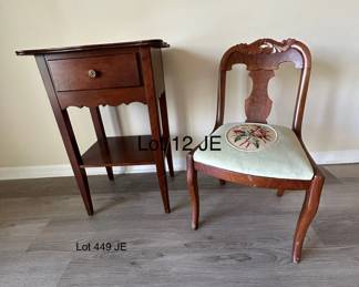 Antique Victorian Carved Flame Mahogany Needlepoint Mahogany Chair , Adams County Collection Tall Nightstand Side End Table Chair, 