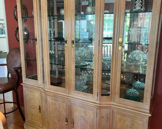 Light blond burl wood hutch that matches dining set and buffet. $450