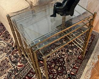 Set of three nesting tables, glass and brass