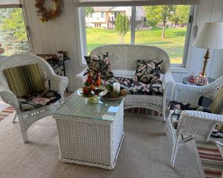 White Wicker porch set, priced separately. Chairs $25 each, table $25 loveseat $48