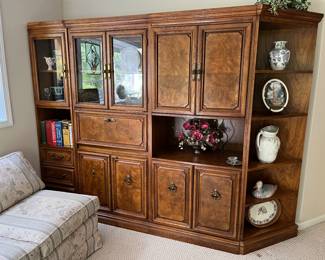 Four-piece cabinet by Hooker Furniture Co, with pecan veneer and poppy oak solids, and embowood burl on overlays.