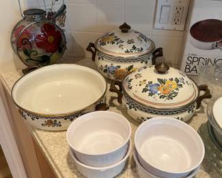 Three pieces of vintage Asta floral cookware.