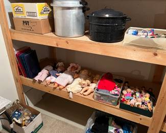 Canning supplies; dolls and clothing/accessories, including some Barbie dolls.