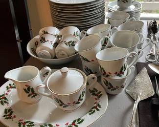 Set of fine china with Christmas/holiday theme.