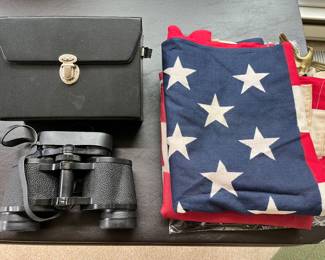 Binoculars; American flags.