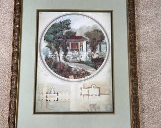 Large framed architectural print, one of two similar prints (see following photo).