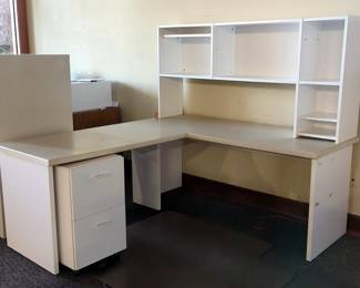 L-Shaped Desk With Corian Top, 29" x 68" x 74", Includes Hutch And Rolling 2 Drawer File Cabinet