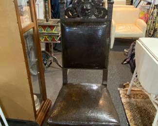 Hand Carved Monumental Wood Chair With Ostrich Style Upholstery