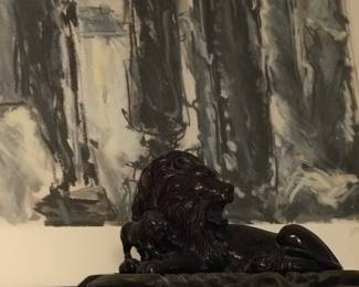 African Lion sculpture w smaller lion