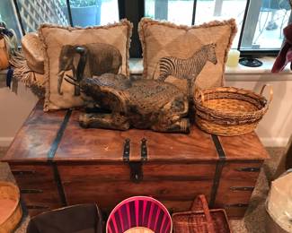 Love this wood chest.  Excellent Condition.  African inspired pillows and baskets.  Here is our Imperial Elephant again.