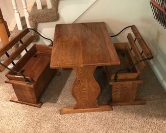 This darling Childs Oak Table and benches...seats lift for storage. Stamped ETI