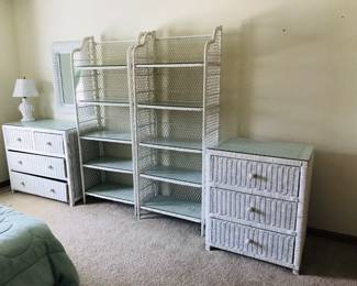 Vintage White Wicker Chests, Bookshelves, Mirror and Lamp