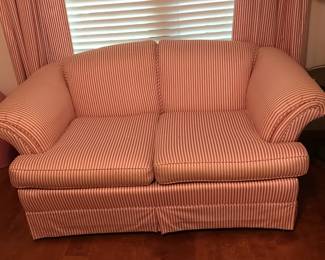 2 Wonderful Striped love seats - camel back with rolled arms.  Excellent condition. Matching Curtin Panels - lined