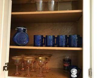 Cobalt Potpourri Jar and Cobalt Mugs, Pink Depression glass with gold band