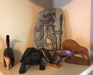 Beautiful carved animals from Kenya, Africa, Mexico.  Myan Warrior on Slate