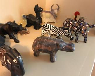 Carved and Painted African Miniature. Lamas, One Mosaic Elephant