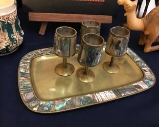 Abalone and brass tray with 6 serving cups