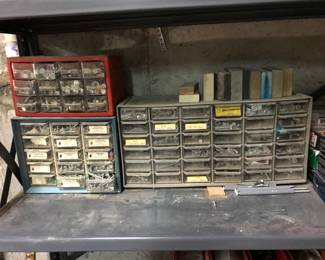 Assortment bolts nuts screws bins, sanding blocks