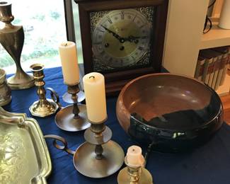 Howard Miller Clock w Key, Unique Brass Cabdlesticks, Pottery Bowl signed