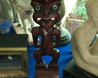 Wood Tiki Carved Statue with Abalone eyes