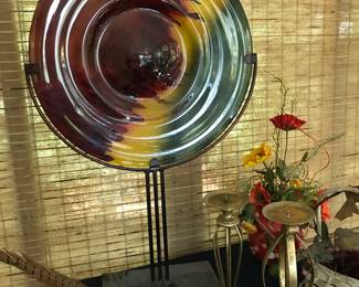 Art Deco Mounted Plate, Pottery Ink Well, Brass Candlesticks/pillar