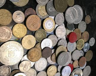 Around the world coins. Elizabeth II coins have been bagged separately.