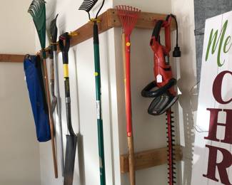 Rakes, Hedge Trimmer (B&D), Shovels, Folding lawn Chair