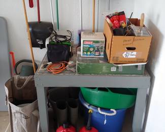 Marble top table, Coleman stoves, heavy duty buckets, cleaning and painting supplies 