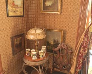 VICTORIAN WALNUT SLIPPER CHAIR, ASSORTED ARTWORK