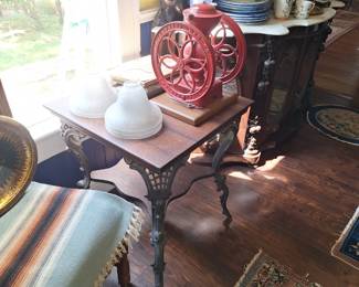 OLD COFFEE GRINDER, VICTORIAN PARLOR TABLE W/ IRON LEGS