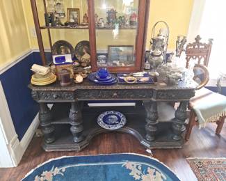 HIGHLY CARVED OAK CONSOLE, QUIMPER DISHES, VICTORIAN SILVERPLATED WARES, CRUET SETS AND WATER TIPPLER, VINTAGE CHINESE RUGS