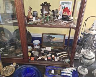 MISC VICTORIAN SILVERPLATED SERVEWARE, COBALT GLASS DEPRESSION WARE, STRAIGHT RAZORS