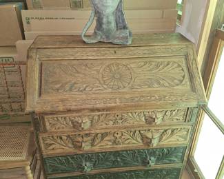 OLD CARVED VICTORIAN OAK DROPFRONT DESK W/ FACES, MODERN BUST SCULPTURE