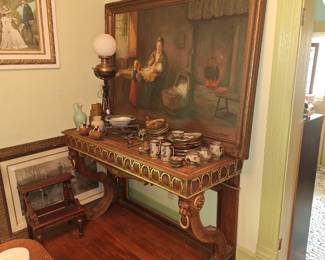 OLD CARVED CONSOLE WITH LIONS, LG PAINTING , VICTORIAN OIL LAMP W/ BRASS & IRON
