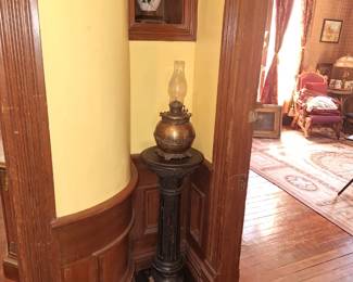 BLACK EBONIZED VICTORIAN PEDESTAL AS IS, BH BRASS OIL LAMP