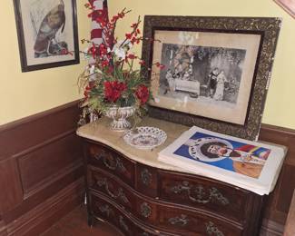 OLD FRENCH CHEST WITH ORNATE BRASS HARDWARE AS IS, VICTORIAN ENGRAVINGS IN OLD GESSO FRAMES, AUDUBON TURKEY PRINT