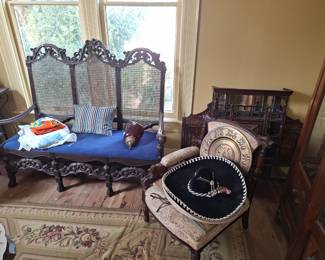 JACOBEAN REVIVAL BENCH, VICTORIAN CORNER CHAIR W/ CARVED LION, MANTLE TOPPER W/ INLAY AND BEVELLED MIRRORS, AUBUSSON RUG, MISC TEXTILES, QUILTS, SOMBREOS