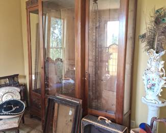 LG ART NOUVEAU BOOKCASE WITH CARVED GREENMAN FACE, ASSORTED FRAMES, US LOUIS VUITON LUGGAGE AS IS, LG PARIS PORCELIAN FLOOR VASE AS IS , VINTAGE COLOR WHEEL W/ EXTRAS