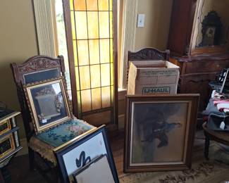 GOTHIC STAINGLASS WINDOW, MISC PRINTS, PR OF OAK PARLOR CHAIRS W/ GRIFFINS,