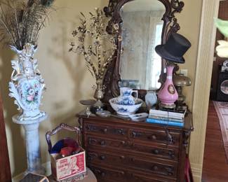 VICTORIAN ROCOCO ROSEWOOD PIERCED THROUGH DRESSER W/ MIRROR, FLOW BLUE AESTHETIC PICTHER AND BOWL, OLD CARCEL OIL LAMP, LG VICTORIAN CANDELABRA, FRENCH CHAIR W/ NEEEDLEPOINT, VINTAGE COLOR WHEEL