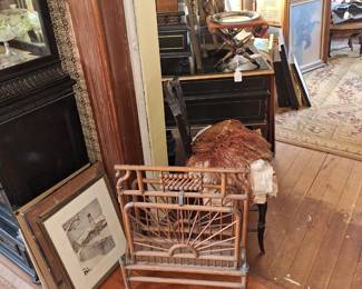 OLD STICK AND BALL VICTORIAN MAGAZINE HOLDER, ASSORTED JAPANESE WOODBLOCKS