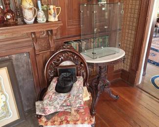 HENKEL VICTORIAN PARLOR CHAIR, VICTORIAN MARBLE TOP PARLOR TABLE, GLASS SHOWCASE, SATSUMA VASE