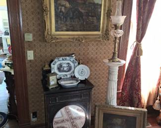 VICTORIAN EBONIZED AESTHETIC MUSIC CABINET, LISTED ARTIST, VICTORIAN OIL LAMP, MARBLE PEDESTAL NOT FOR SALE, FLOW MULBERRY 